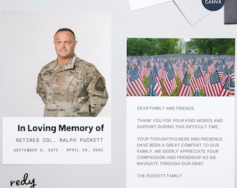 Tarjeta de agradecimiento para funeral de veterano: Nota de condolencia de 5x7 (plantilla de Canva)