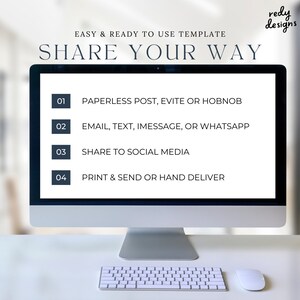 Puede incluir: Una pantalla de ordenador que muestra una lista de formas de compartir informaci&oacute;n. La lista incluye "Paperless post, Evite o Hobnob", "Correo electr&oacute;nico, texto, iMessage o Whatsapp", "Compartir en redes sociales", y "Imprimir y enviar o entregar en mano". El texto "SHARE YOUR WAY" est&aacute; en la parte superior de la pantalla.