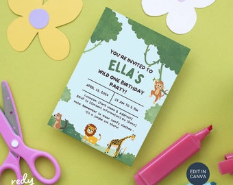 Invitación de cumpleaños de Wild One: Animales de la jungla, plantilla editable de Canva (digital)