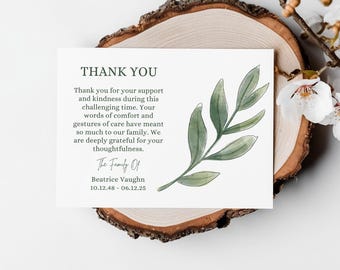 Plantilla de tarjeta de agradecimiento para funerales con vegetación: agradecimiento por condolencias (diseño de Canva)