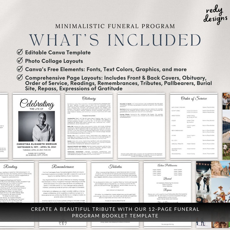 Minimalistic Funeral Program | 12-page Booklet | Editable in Canva ...