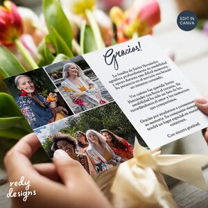 Puede incluir: Una tarjeta de agradecimiento con un collage de fotos de una mujer y su familia. La tarjeta tiene un fondo azul y blanco con el texto "Gracias!" en cursiva azul. El texto dice: "La familia de Sarita Hernandez agradece profundamente su amabilidad y apoyo durante este dificil momento. Su presencia en el servicio nos brind&oacute; un inmenso consuelo. Ver cu&aacute;nto fue querida Sarita Hernandez nos llena el coraz&oacute;n. Su amabilidad ha sido un faro de luz, record&aacute;ndonos el amor y los momentos que compartimos. Gracias por ayudarnos a conmemor su memoria. Su compasi&oacute;n siempre tendr&aacute; un lugar especial en nuestros corazones. Con sincera gratitud."