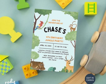 Invitación para fiesta de cumpleaños en la selva: Animales salvajes, plantilla editable de Canva (digital)