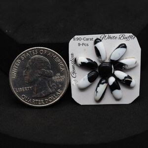 May include: A quarter next to a cluster of nine white and black oval-shaped gemstones arranged in a flower-like pattern. The gemstones are labeled "White Bufflo" and "9.90-Carat 9-Pcs" on a white card.