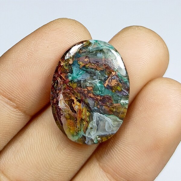 Native Copper and Chrysocolla in Chalcedony Cabochon Oval Shape Chrysocolla in Chalcedony Loose Cabochon  Size 11x8x2MM 17Ct.