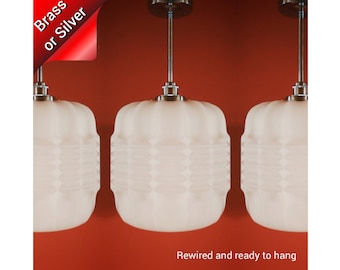 Mid Century Opaline Glass Pendant Light: Ribbed Geometric Lighting