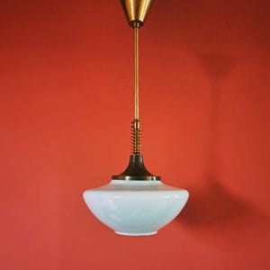 Mid Century Brass Opaline Glass Pendant Light | Milk Glass Globe | Brass Chandelier Pendant Light | Vintage Brass Lighting | Opal Glass Lamp