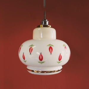 Glass Pendant Light | Rose Hip Pattern Light | Retro Glass Ceiling Light | Vintage Milk Glass Light | Floral Lampshade | Red Flower Light