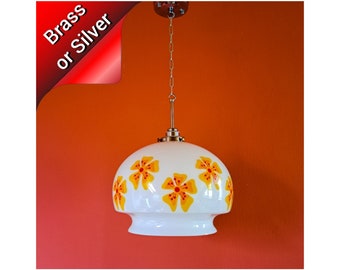 Vintage Floral Opaline Glass Pendant Light - Mid Century Czech Lighting