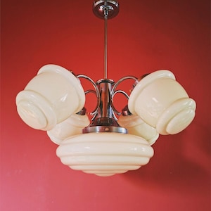 Art Deco European Nickel Chrome-Plated Brass Glass Chandelier Ceiling Light 1930s