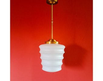 Hanglamp van opalineglas uit het midden van de eeuw | Geribbelde glazen hanglamp | Messing licht | Vintage plafondlamp | Melkglas Licht | Atoom Licht