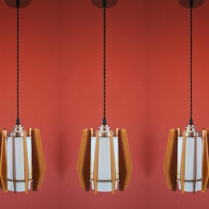 3 x Vintage Wood Pendant Lights Mid Century Modern Scandinavian Wooden Opaline Glass Lighting