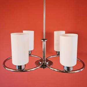 Large Art Deco Chrome Chandelier: Opaline Glass Pendant Light, 1940s