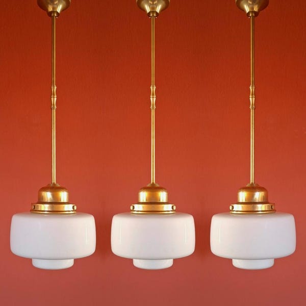 Set of 3 Small Opaline Glass Pendant Lights, Brass Mid Century Kitchen Island Lighting