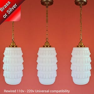 3 x Vintage Opaline Glass Pendant Lights: Mid-Century Kitchen Lighting