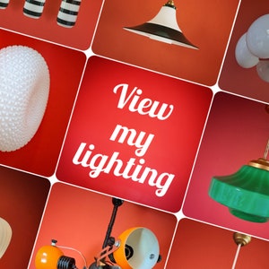 May include: A collage of various vintage and modern light fixtures, including a white globe pendant, a green glass pendant, a white and black striped pendant, a white and black pendant with a saucer-shaped shade, and a multi-bulb chandelier. The text "View my lighting" is displayed in the center of the collage.
