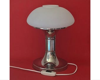 Retro Chrome Mushroom Lamp | Mid Century Opaline Glass Table Lamp