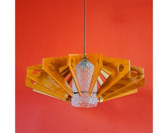 Vintage houten hanglamp | Modern houten licht uit het midden van de eeuw | Scandinavische hanglamp | Houtverlichting | Kristallen glazen hanglamp
