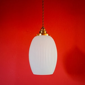 Small Mid Century Opaline Glass Pendant Light | Milk Glass Pendant | Elegant Ribbed Glass Ceiling Light | Reeded Glass Light | Small Lamp