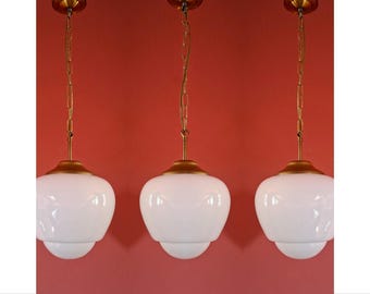 Vintage Brass Opaline Acorn Pendant Light: Milk Glass Globe