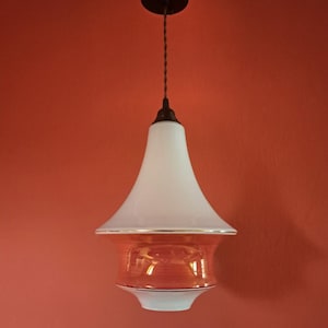 Vintage Pagoda Opaline Glass Pendant Light | Milk Glass Pendant Light | Mid Century Glass Ceiling Light | Art Deco Pagoda Lamp | Red Opal