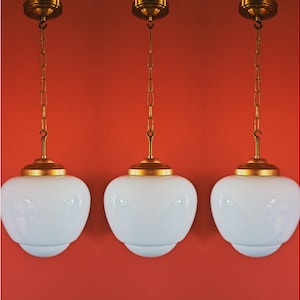 Vintage Brass Opaline Acorn Pendant Light: Milk Glass Globe