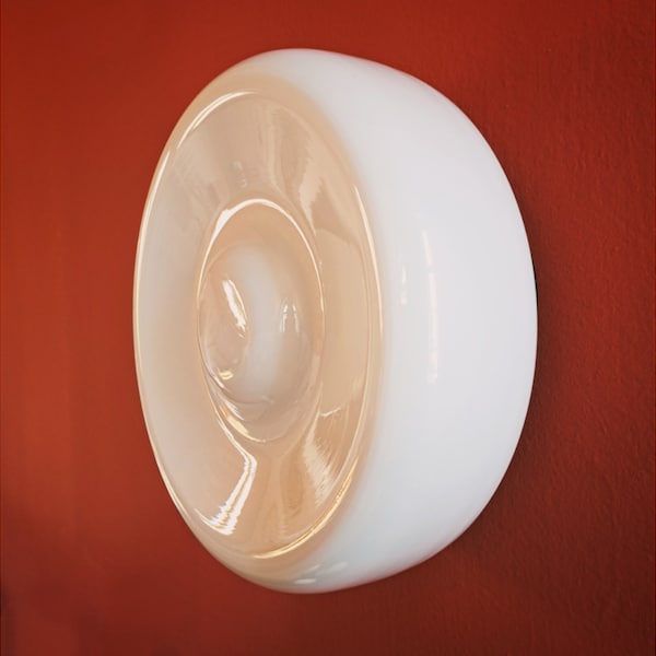 Mid Century Milk Glass Sconce | Round Wall Sconce | Ceiling Sconce | 1970s Light Fixture | Opaline Sconce | Wall Lamp