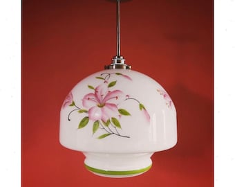 Vintage Floral Opaline Glass Pendant Light: Large Bohemian Ceiling Lighting