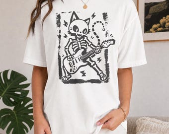 Skeleton Cat Rockstar Shirt | Punk Rock Guitar Tee | Grunge Halloween Cat Lover Comfort Colors