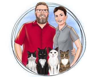 Cartoon Family Portrait with Pets Couple Caricature Pet Portrait Commission Anniversary Gift Portrait from Photo Custom Illustration Digital