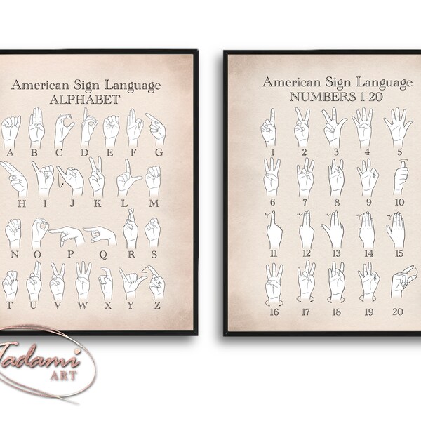 American Sign Language Vintage Alphabet and Numbers set Educational ASL Alphabet Poster Manual Language One Hand ASL Poster Fingerspelling