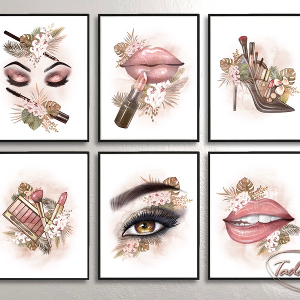 Beauty Salon Decor, Boho Makeup Poster, Cosmetics Wall Art, Makeup Studio Print, Beauty Wall Art, Makeup Artist Gift, Lipstick Wall Art