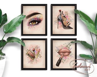 Set 4 Beauty Artwork Makeup Gift Fashion Poster Lips Painting Eyelash Art Cosmetics Art Makeup Artist Gift Beauty Salon Decor