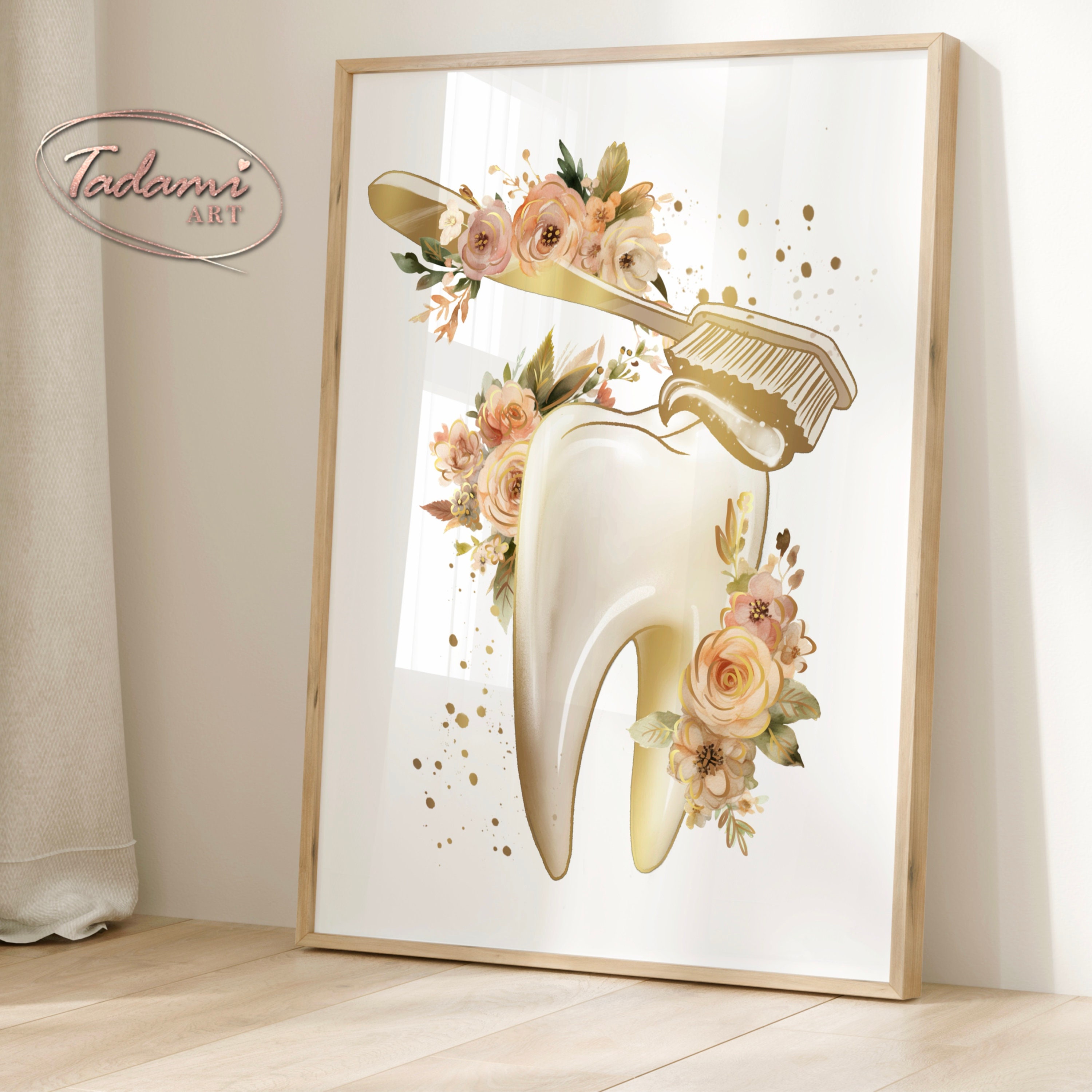 Tooth Brush Art, Dental Poster, Dental Clinic Decor, Hygienist Gift, Dentist Gift, Dental Care Poster, Tooth Anatomy Art, Floral Dental Art