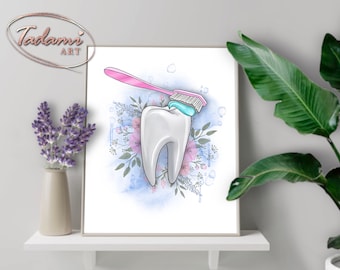 Tooth Brushing Art Dental Care Poster Dentistry Art Dentist Gift Tooth Hygiene Illustration Dental Clinic Wall Decor Hygienist Office Gift