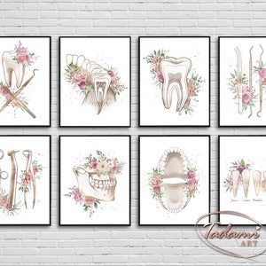 8 Dentist Poster Watercolor Dental Artwork Tooth Anatomy Poster Dentist Gift Dentistry Floral Art Dental Health Wall Decor Dentist Tools Art
