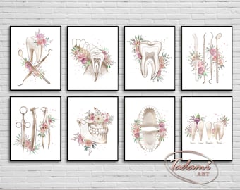 8 Dentist Poster Watercolor Dental Artwork Tooth Anatomy Poster Dentist Gift Dentistry Floral Art Dental Health Wall Decor Dentist Tools Art