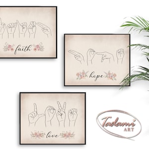 Sign Language Faith Hope Love Auslan Vintage Manual Alphabet Finger Speech Therapist Gift ASL Poster Fingerspelling Print Audiology Art