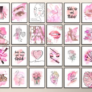 24  Beauty Watercolor Artwork Pink Makeup Posters Girls Room Decor Beauty Salon Rose Gold Art Vanity Wall Decor Girls Party Beauty Quotes