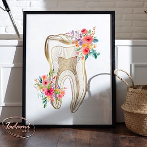 Tooth Anatomy Art, Dental Clinic Decor, Dentist Gift, Dentistry Poster, Stomatology Art, Hygienist Gift, Floral Dental Print, Dentist Art