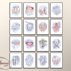 Dental Posters Set 16 Watercolor Dentistry Print Tooth Anatomy Floral Art Dentist Gift  Dental Care Poster Dental Clinic Decor Dentistry Art