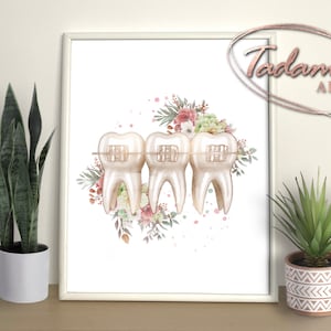 Dental Braces Artwork Watercolor Tooth Anatomy Poster Dentist Gift Aesthetic Dentistry Art Orthodontist Print Dental Clinic Decor