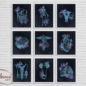 Pode incluir: Conjunto de nove ilustrações anatômicas imprimíveis com acentos florais. Cada impressão apresenta um sistema de órgãos humanos diferente, incluindo o cérebro, o coração, os pulmões, os rins, o sistema digestivo, o sistema reprodutor, o esqueleto e o símbolo do caduceu. As impressões são em um esquema de cores azul e roxo sobre um fundo preto.