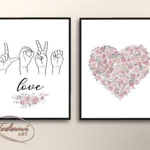 Sign Language Auslan Love Rose Valentines day Gift Heart Flower Heart Manual Alphabet Finger Speech Therapist Gift Fingerspelling poster