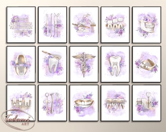 Watercolor Dental Art Prints, Floral Caduceus, Teeth Anatomy (Set of 15) (Digital Download)