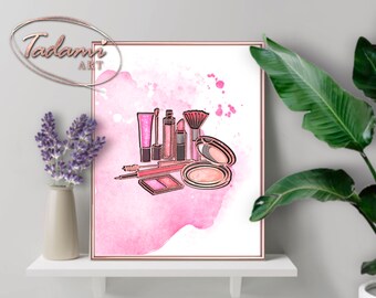 Pink Watercolor Makeup Art Print, Beauty Salon Decor (Digital Download)