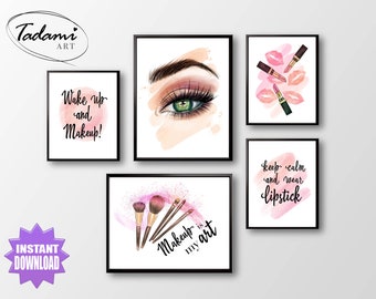 Makeup Art Set 5 Vanity Drawing Lipstick Wall Decor Cosmetic Makeup Brushes Eye Shadows Mascara Poster Fashion Wall Decor Beauty Studio Art