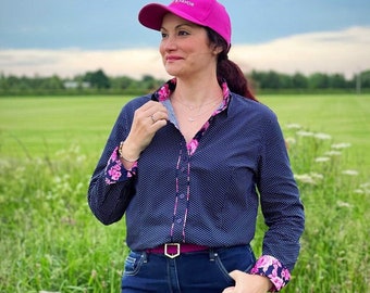 Ladies Long Sleeve Navy and White Polka Dot Blouse With Pink Rose Detail | Grenouille Signature Shirts | Mother's Day / Birthday Gift