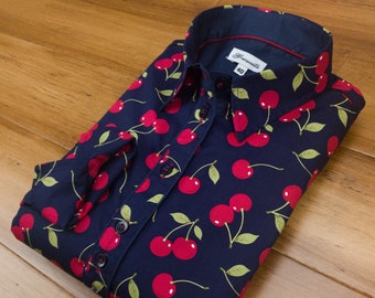 Grenouille Ladies Long Sleeve Navy and Red Cherry Print Shaped Fit Shirt / Blouse | Grenouille Shirts | Mother's Day / Birthday Gift