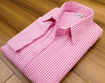 Grenouille Ladies 3/4 Sleeve Dark Pink and White Gingham Check Seersucker Shirt | Grenouille Signature Shirts | Mother's Day / Birthday Gift